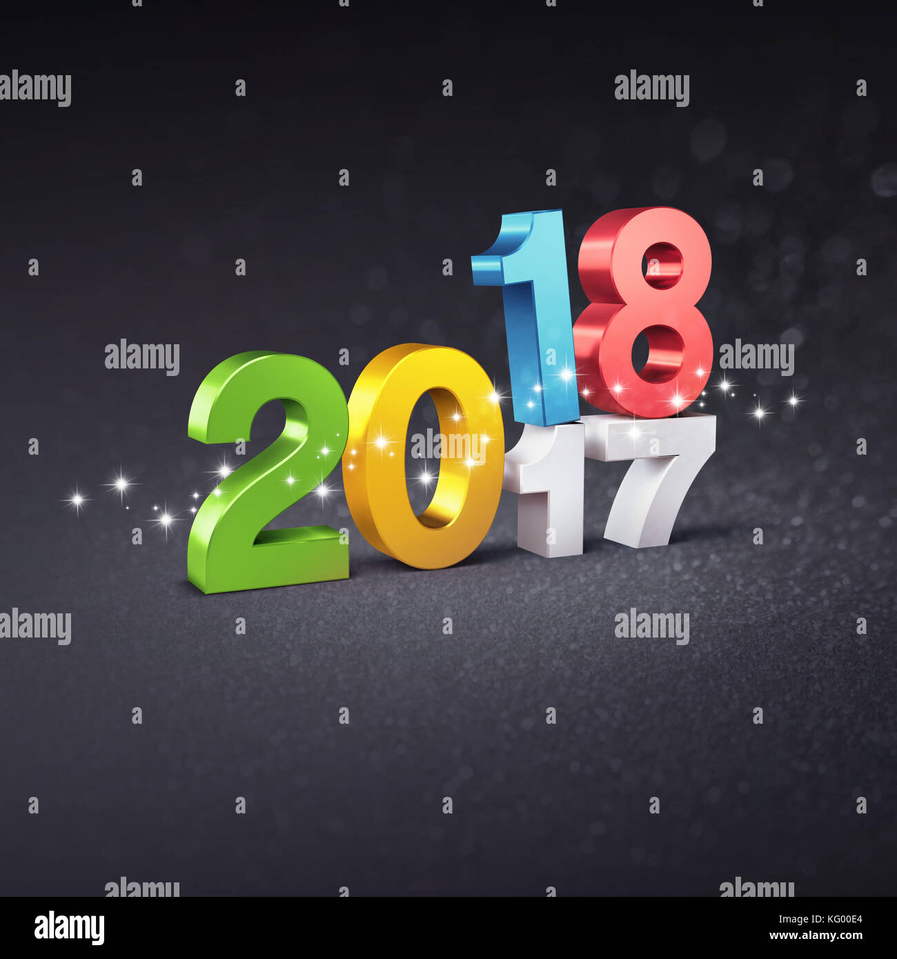 Multicolored 2018 typescript date above 2017; on a festive black background - 3D illustration Stock Photo