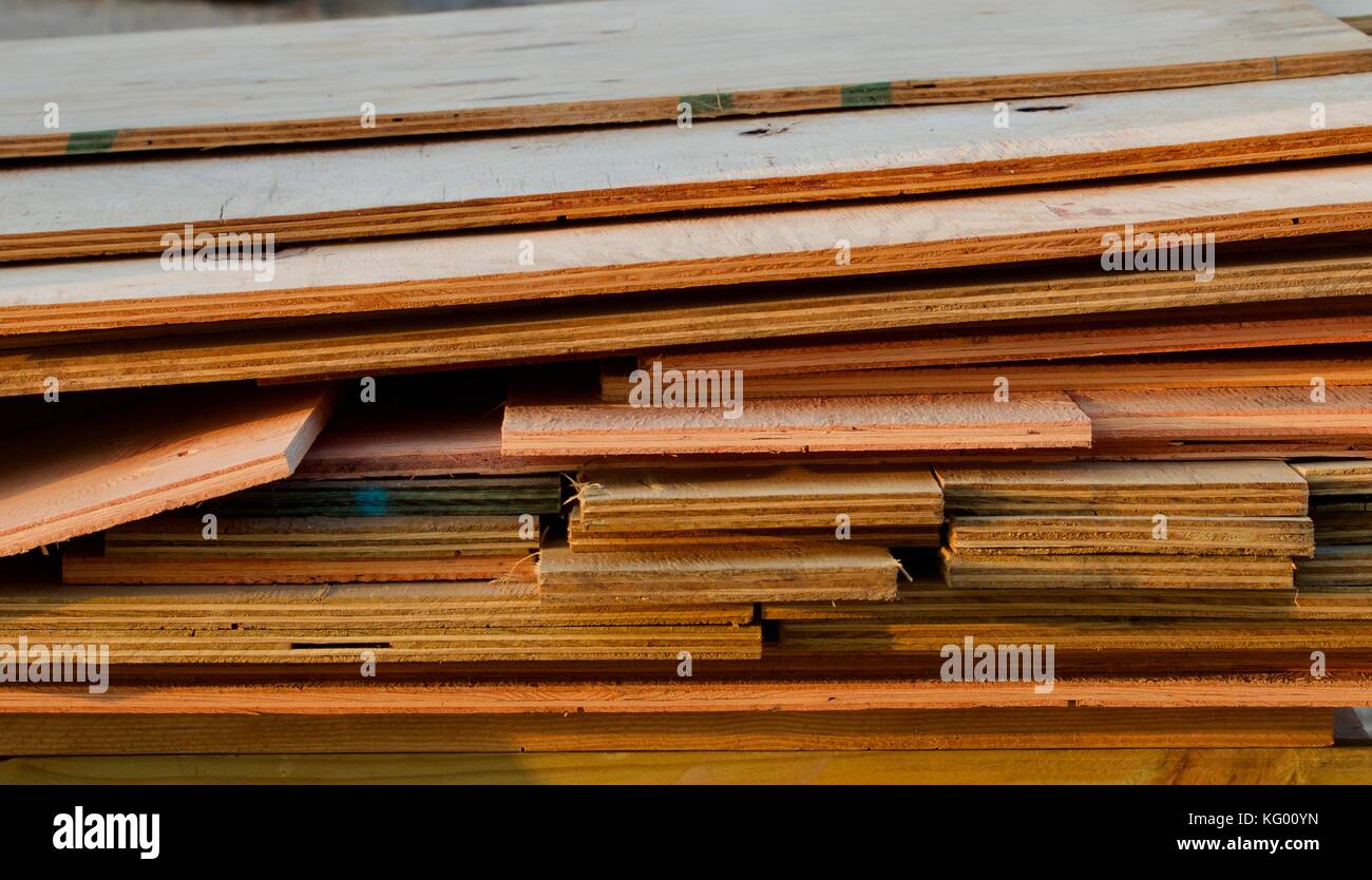 Plywood stack on edge Stock Photo