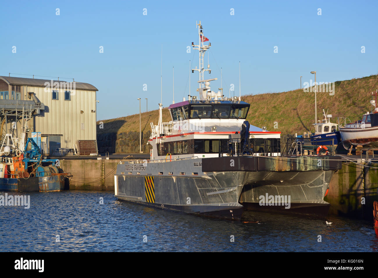 Bull Bay DNV Class Wind Farm Support Vessel at Eyemouth Stock Photo