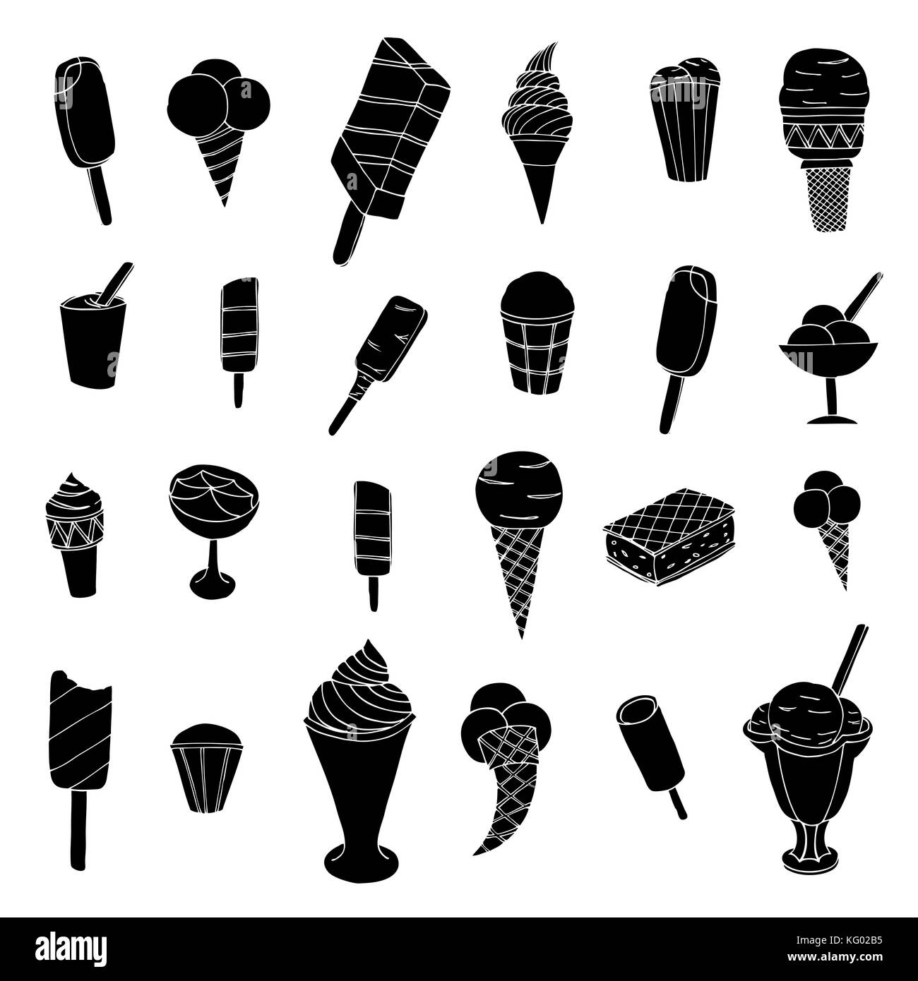 Collection of cute vector ice cream. Cones and ice creams with different flavours made in doodle style. Stock Vector