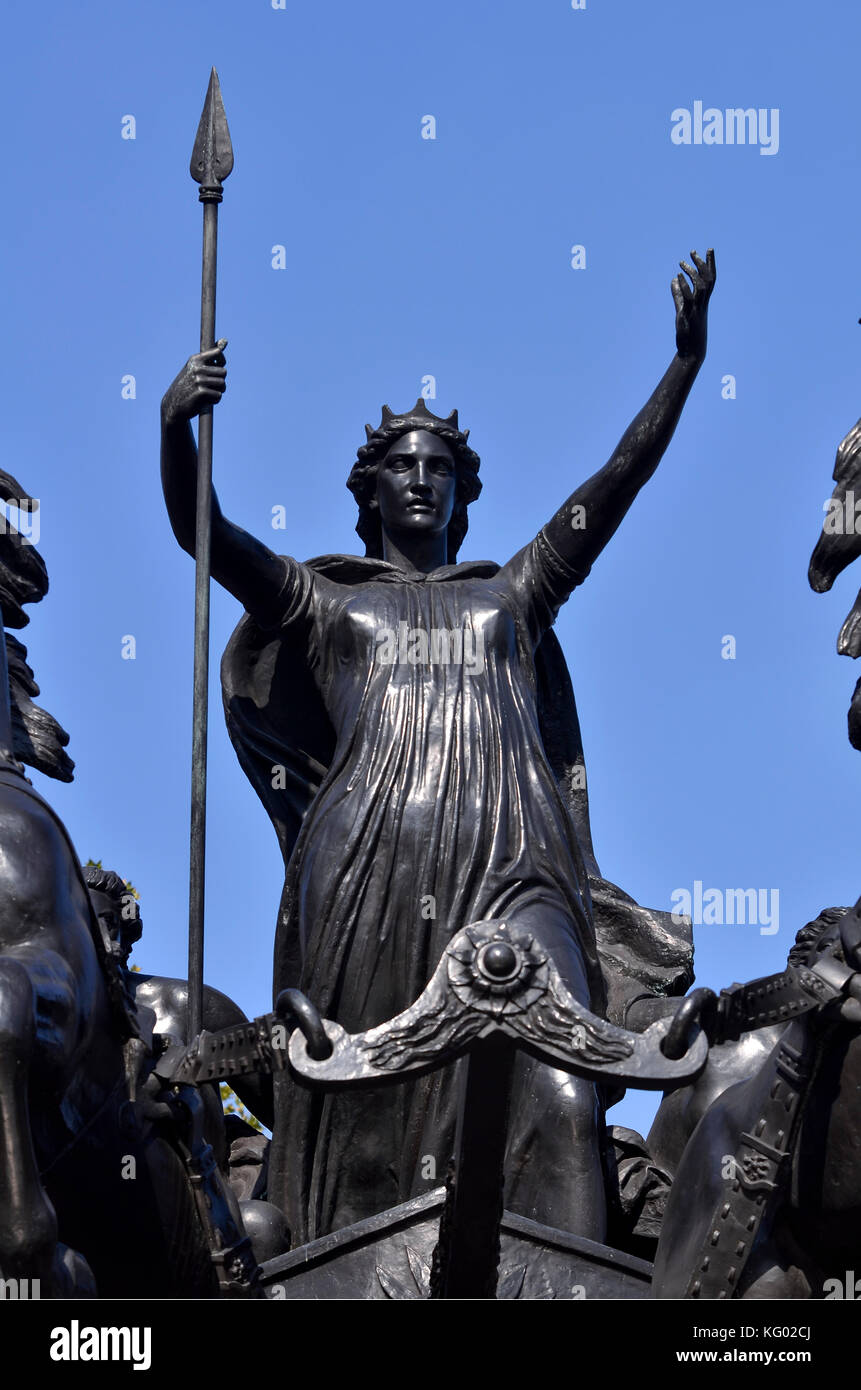 Boadicea And Her Daughters bronze statue, Westminster Pier, London, UK. The bronze sculture of Boadicea was created by Thomas Thorneycroft. Stock Photo