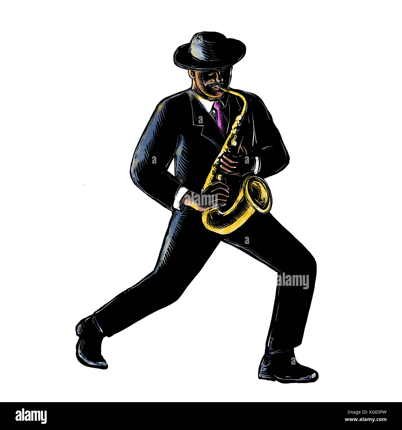 Scratchboard style illustration of a vintage AfricanAmerican Jazz