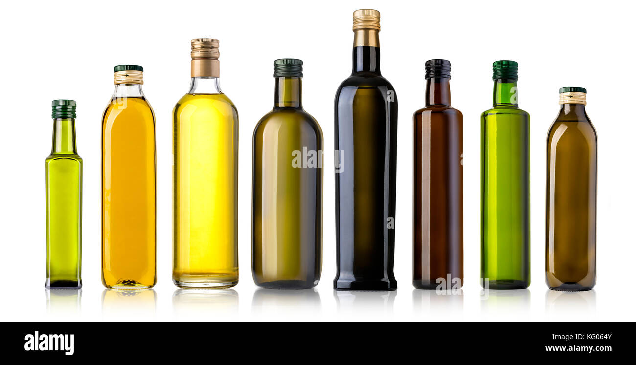 Olive oil bottles isolated on white background Stock Photo Alamy