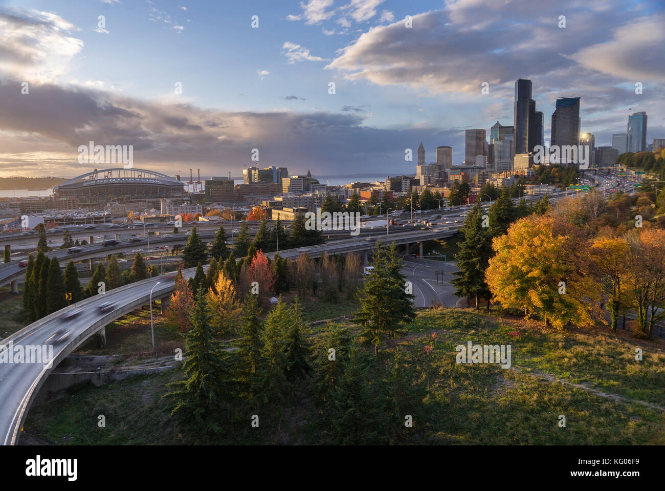 The Seattle Skyline and Freeway from Rizal Bridge Stock Photo