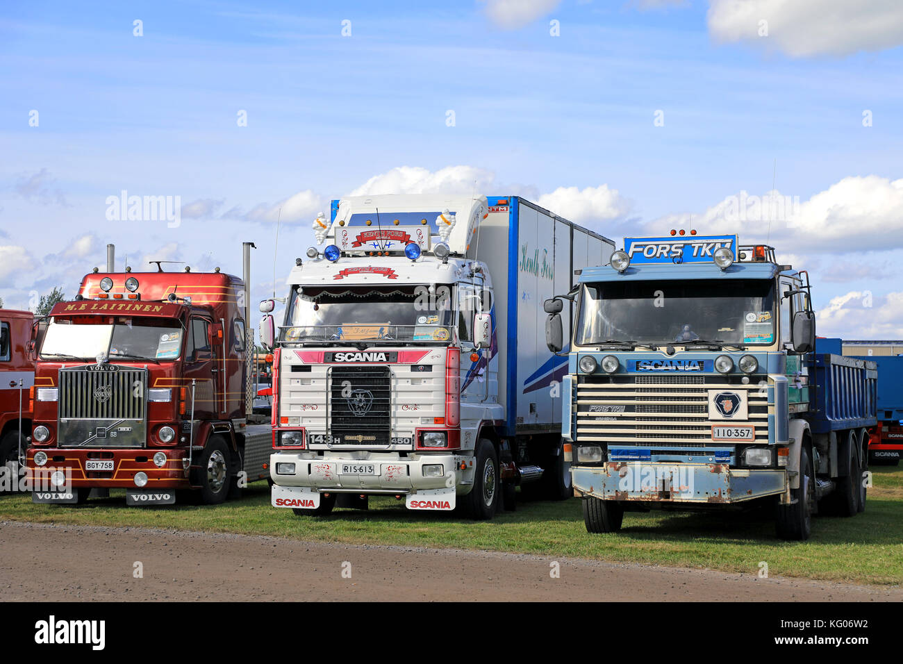 ALAHARMA, FINLAND - AUGUST 11, 2017: Classic Scania 143H and 142 trucks of Kenth Fors and red Volvo F88 of Laitinen on display on Power Truck Show 201 Stock Photo