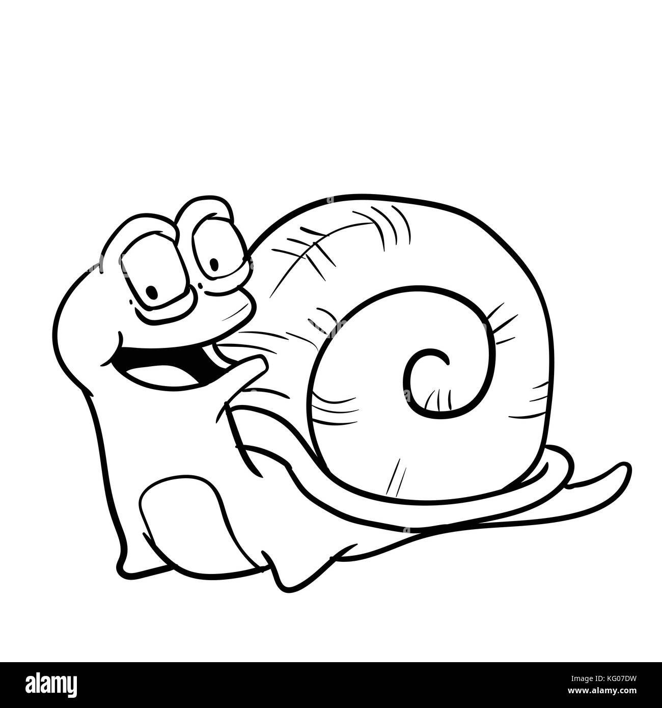 Hand drawn Smiley Snail cartoon, isolated on white background. Black and White simple line Vector Illustration for Coloring Book - Line Drawn Vector I Stock Vector