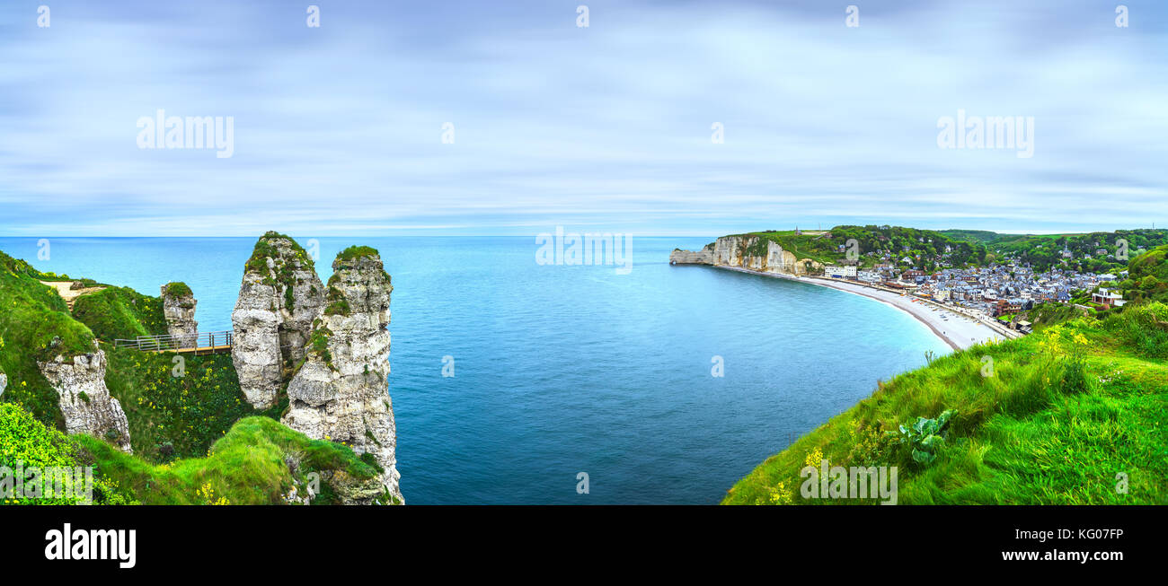 Etretat village and bay beach, aerial view from cliff. Normandy, France ...
