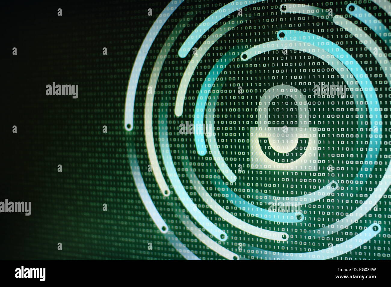 photo of computer screen display with White graphic symbol of a lock ...