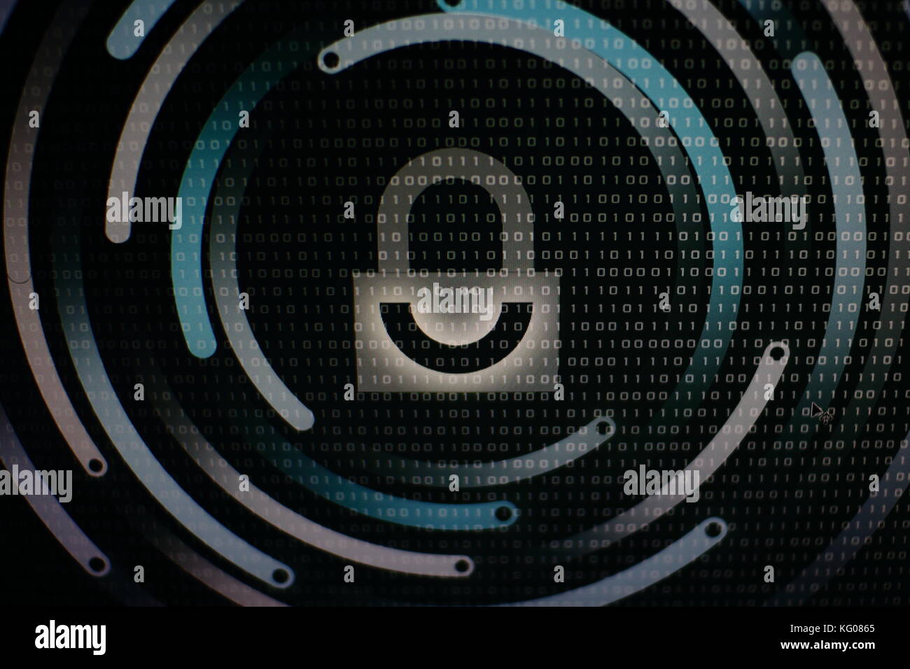 photo of computer screen display with White graphic symbol of a lock ...