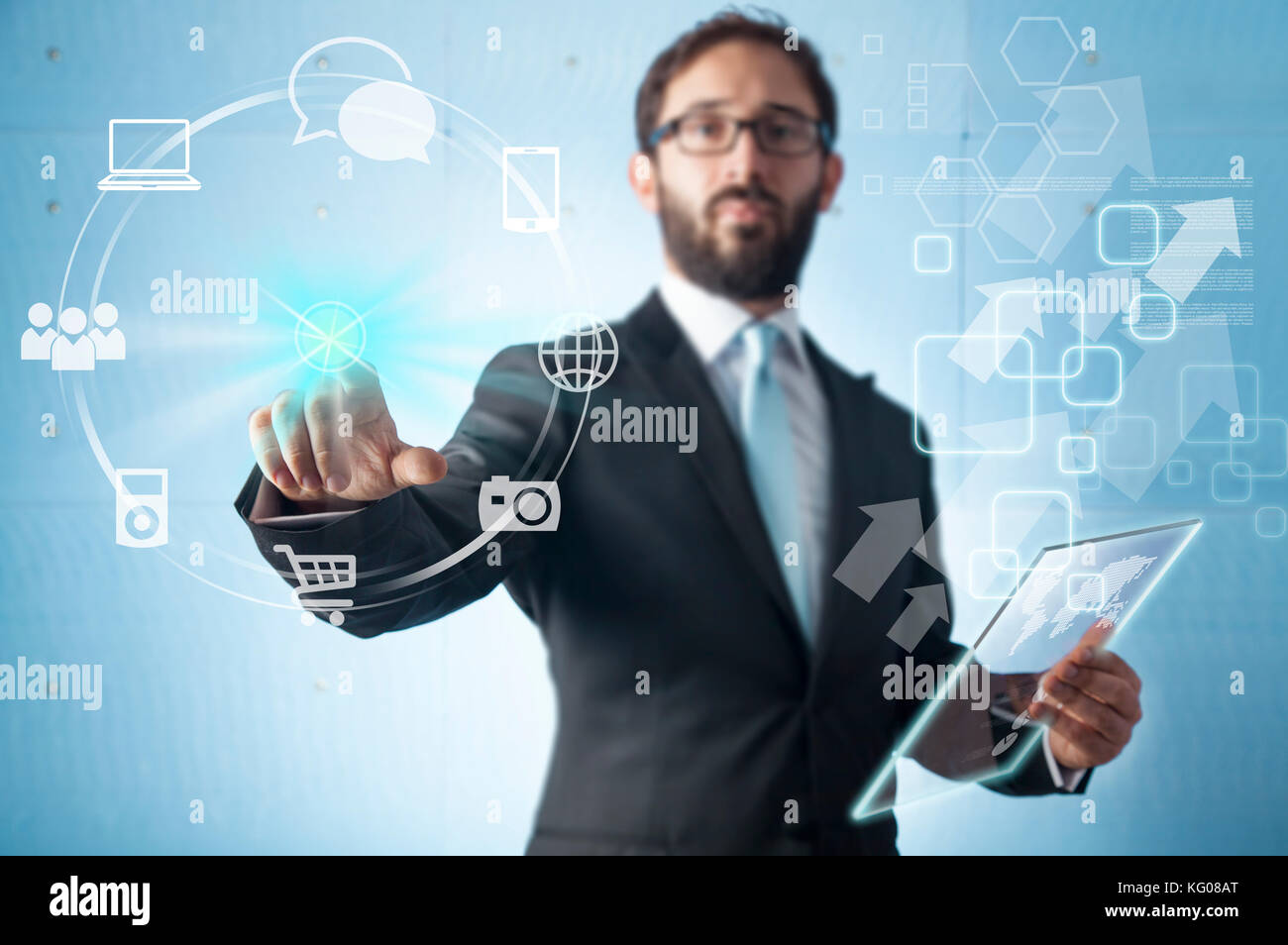 Businessman standing and working with touch screen technology Stock ...