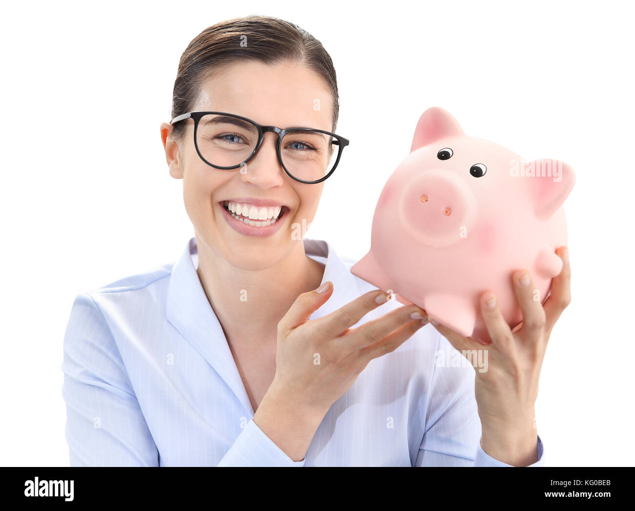 smiling fun woman with piggy bank isolated on white background Stock ...