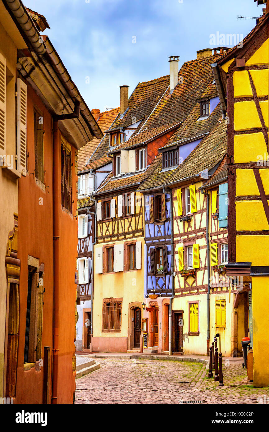 Colmar, Petit Venice, narrow street and traditional half timbered colorful houses. Alsace, France. Stock Photo