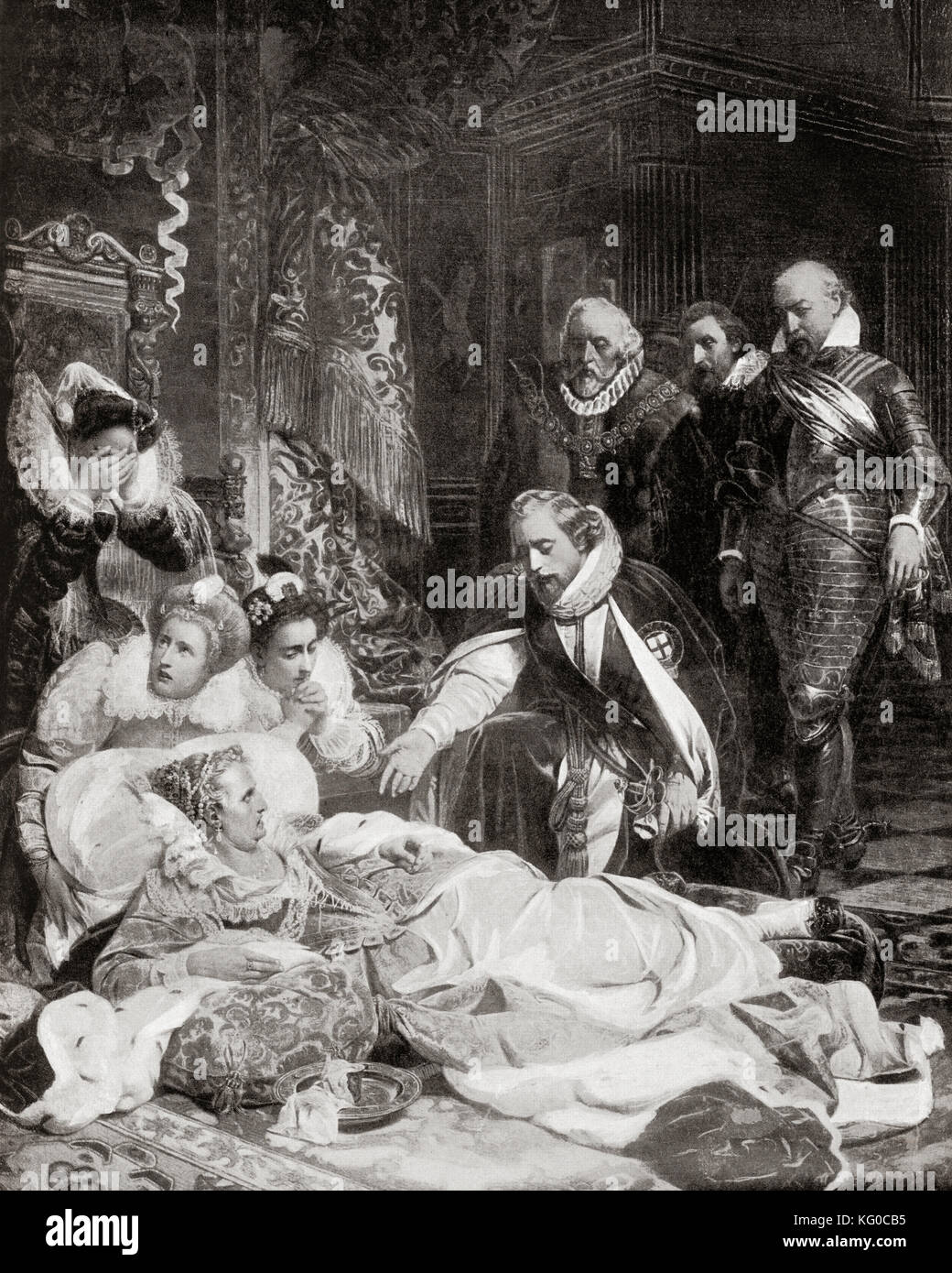 The death of Queen Elizabeth I, 24th March 1603. Elizabeth I, 1533 – 1603, aka The Virgin Queen, Gloriana or Good Queen Bess. Queen of England and Ireland. From Hutchinson's History of the Nations, published 1915. Stock Photo