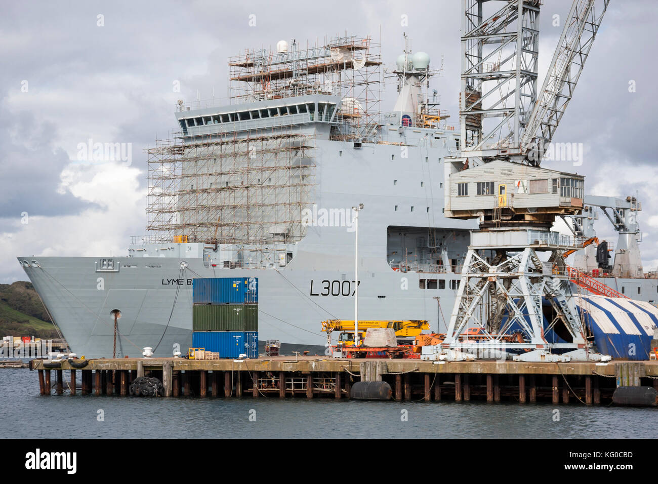 RFA ship Lyme Bay undergoing maintenance in Falmouth docks, UK Stock Photo