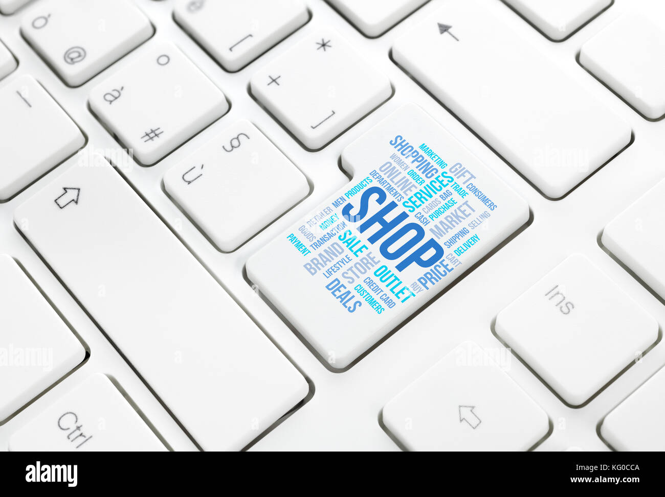 Shop business concept word cloud in enter button or key on white keyboard Stock Photo