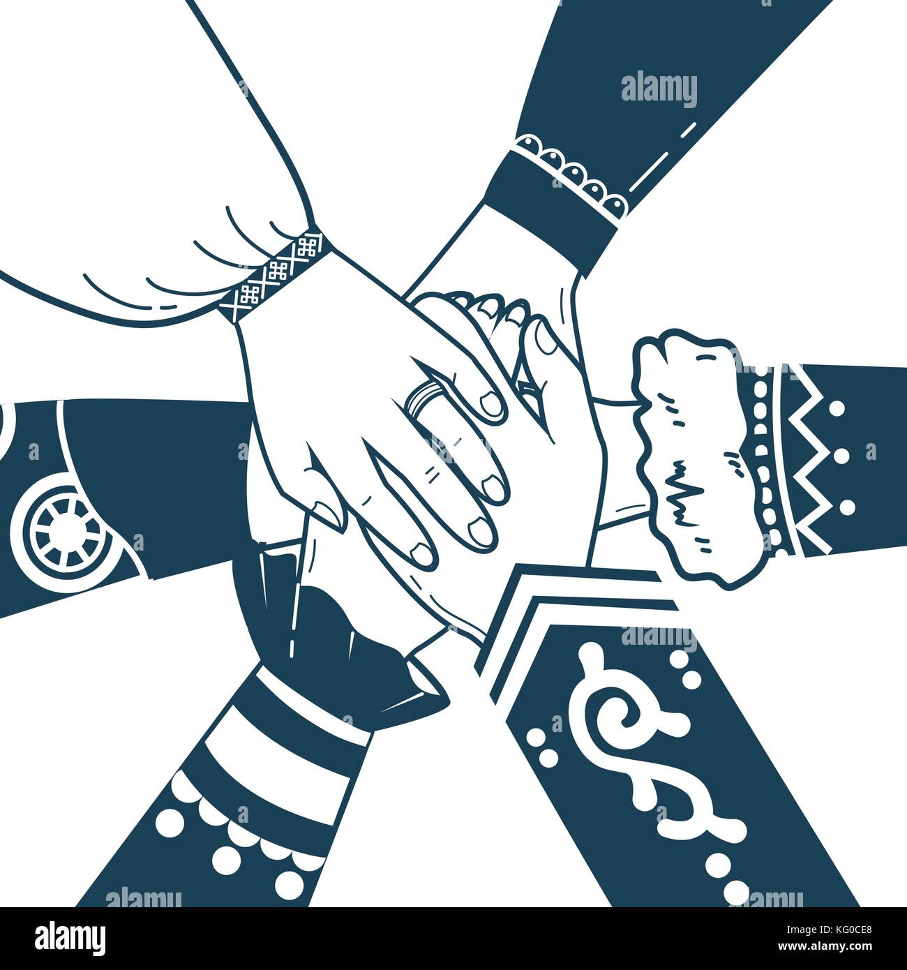 concept of unity, friendship, solidarity of the people in the form of hands that in the form of people in national costumes making pile of hands.  ico Stock Vector