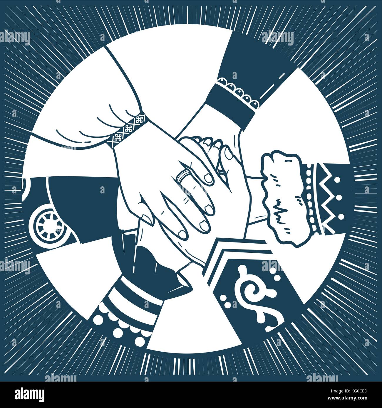 concept of unity, friendship, solidarity of the people in the form of hands that in the form of people in national costumes making pile of hands.  bla Stock Vector