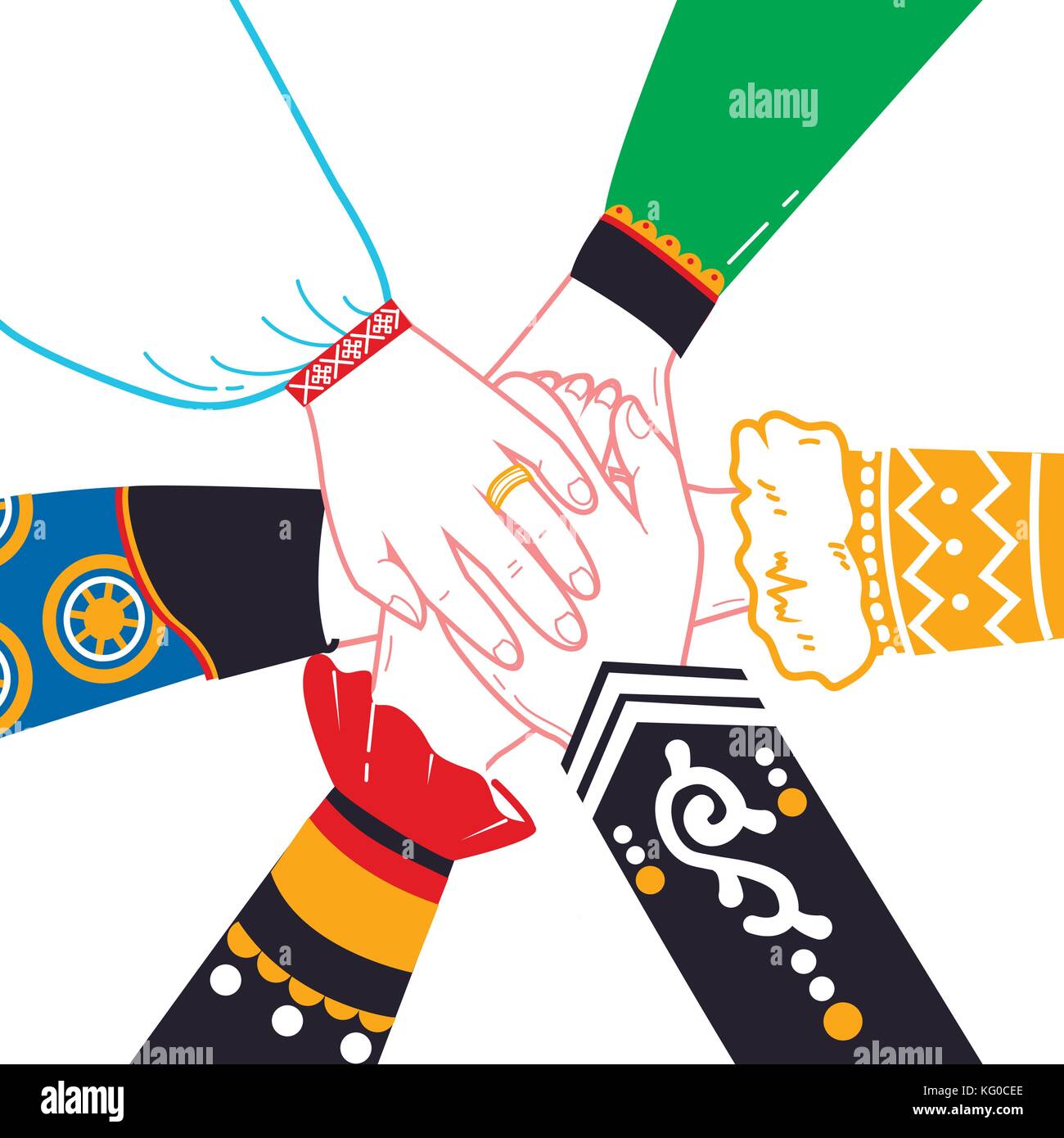 concept of unity, friendship, solidarity of the people in the form of hands that in the form of people in national costumes making pile of hands.  Ico Stock Vector