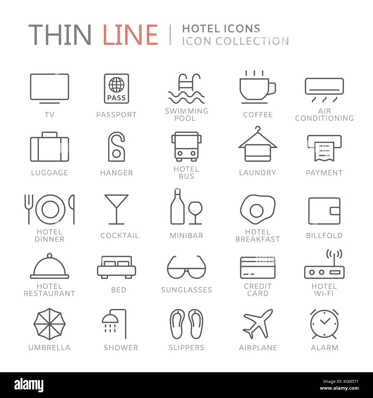 Collection of hotel thin line icons Stock Vector