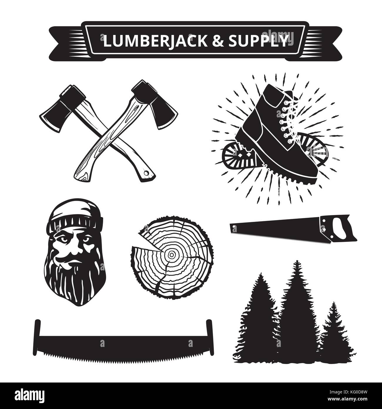 Elements of a lumberjack and sawmill isolated on white . Vector Stock ...