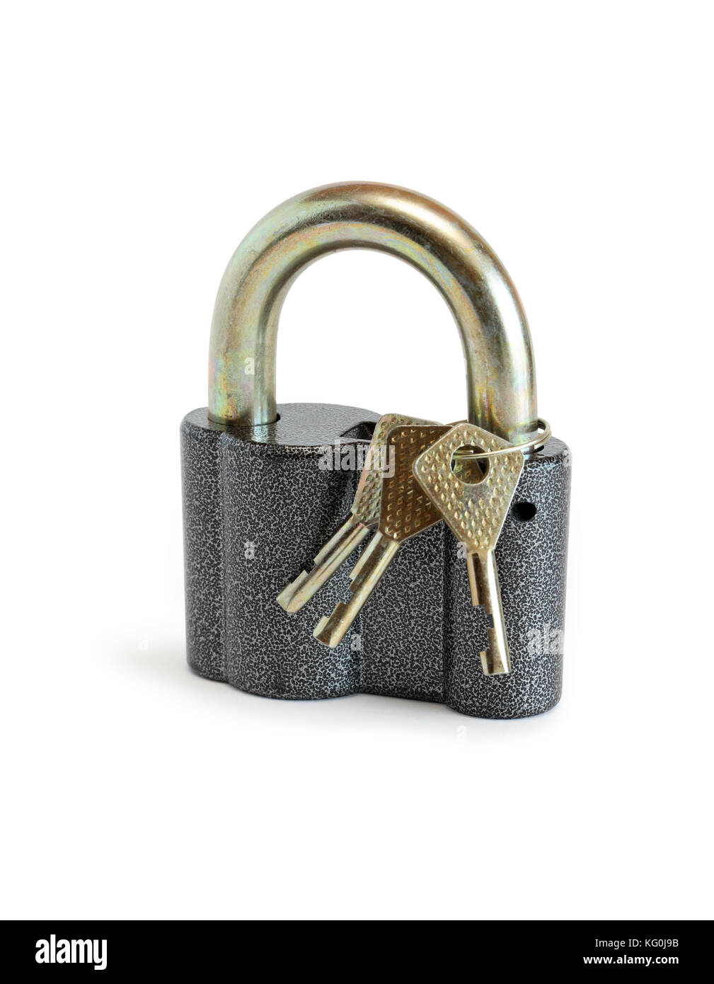 Three keys attached with padlock on white background. Isolated with clipping path Stock Photo