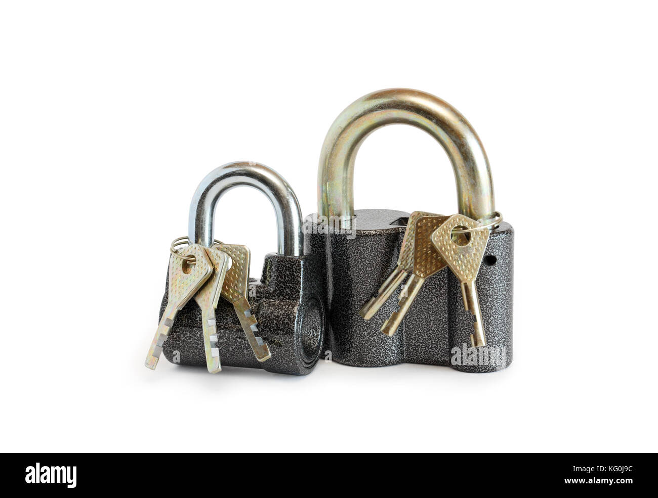 Keys attached with padlocks on white background. Isolated with clipping path Stock Photo