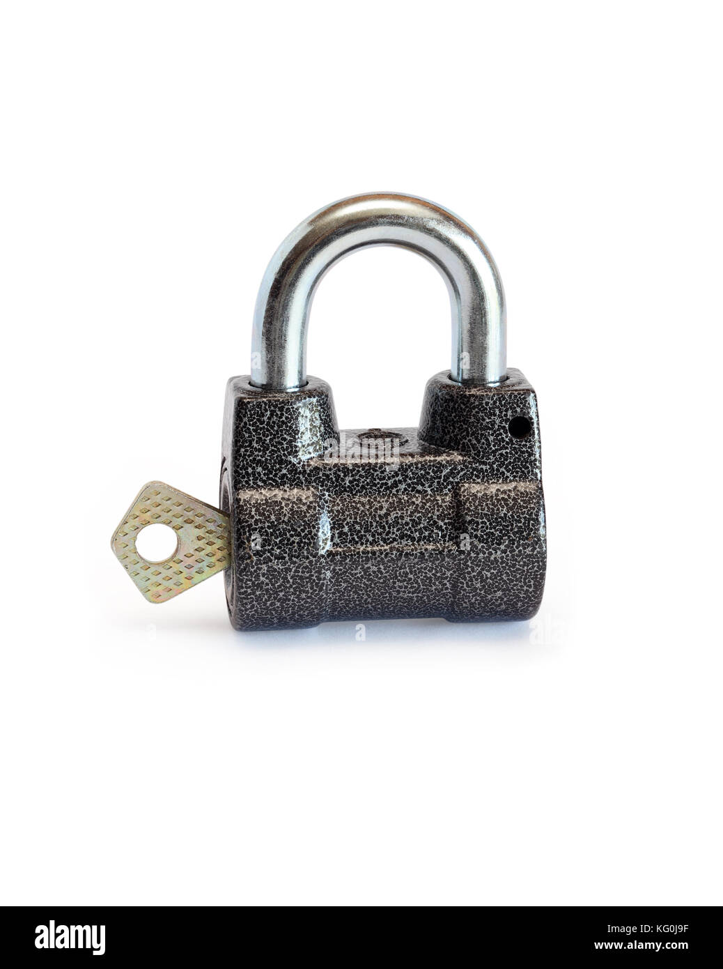 Key inserted into padlock on white background. Isolated with clipping path Stock Photo