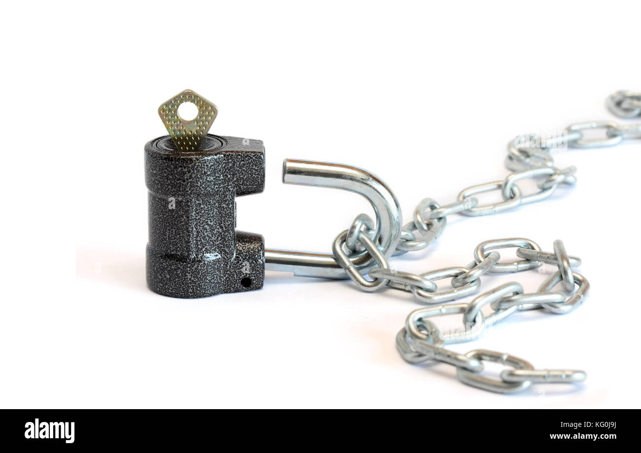 Closeup of open padlock and metal chain on white background Stock Photo