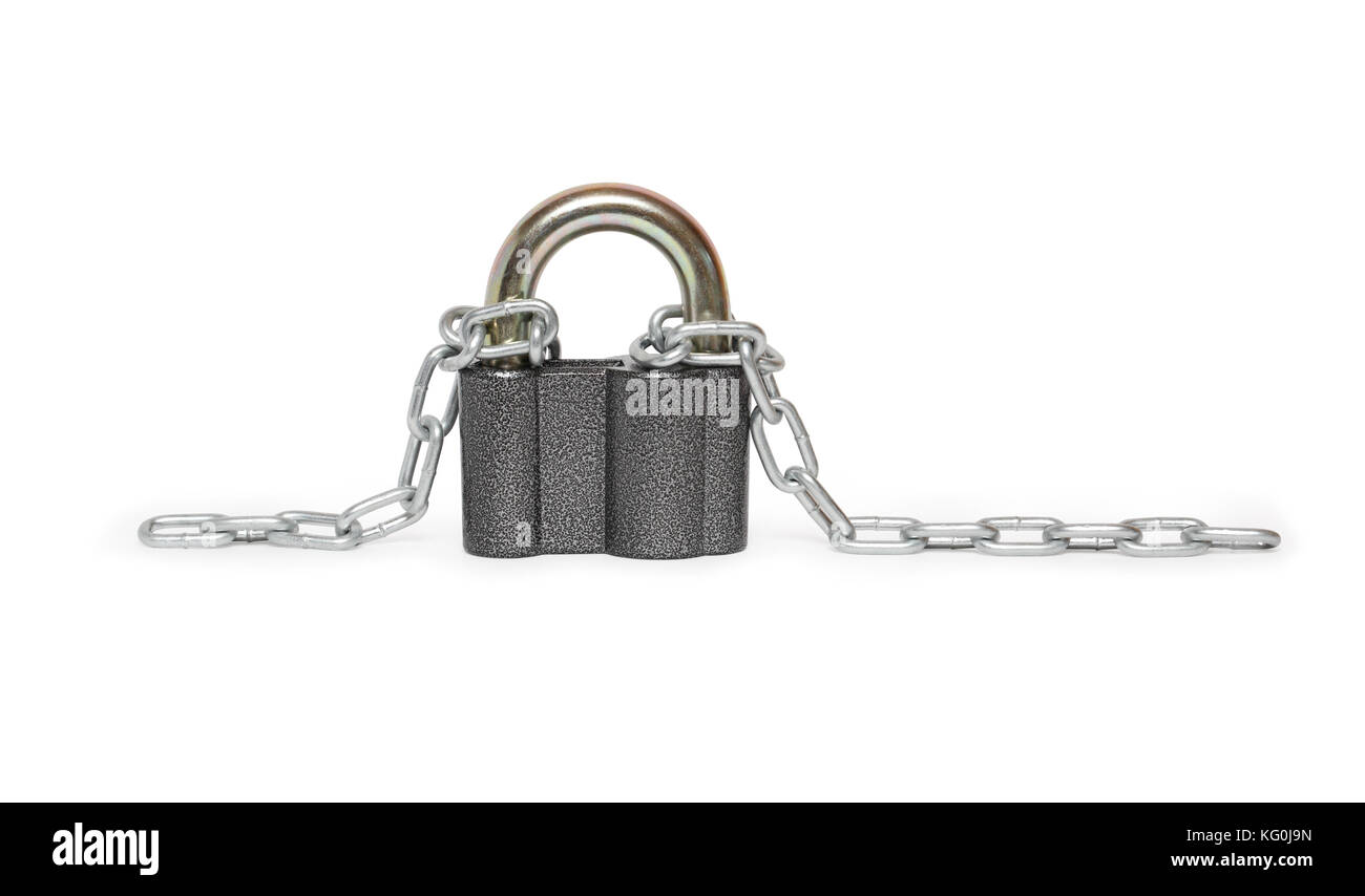 Closeup of locked padlock and metal chain on white background Stock Photo