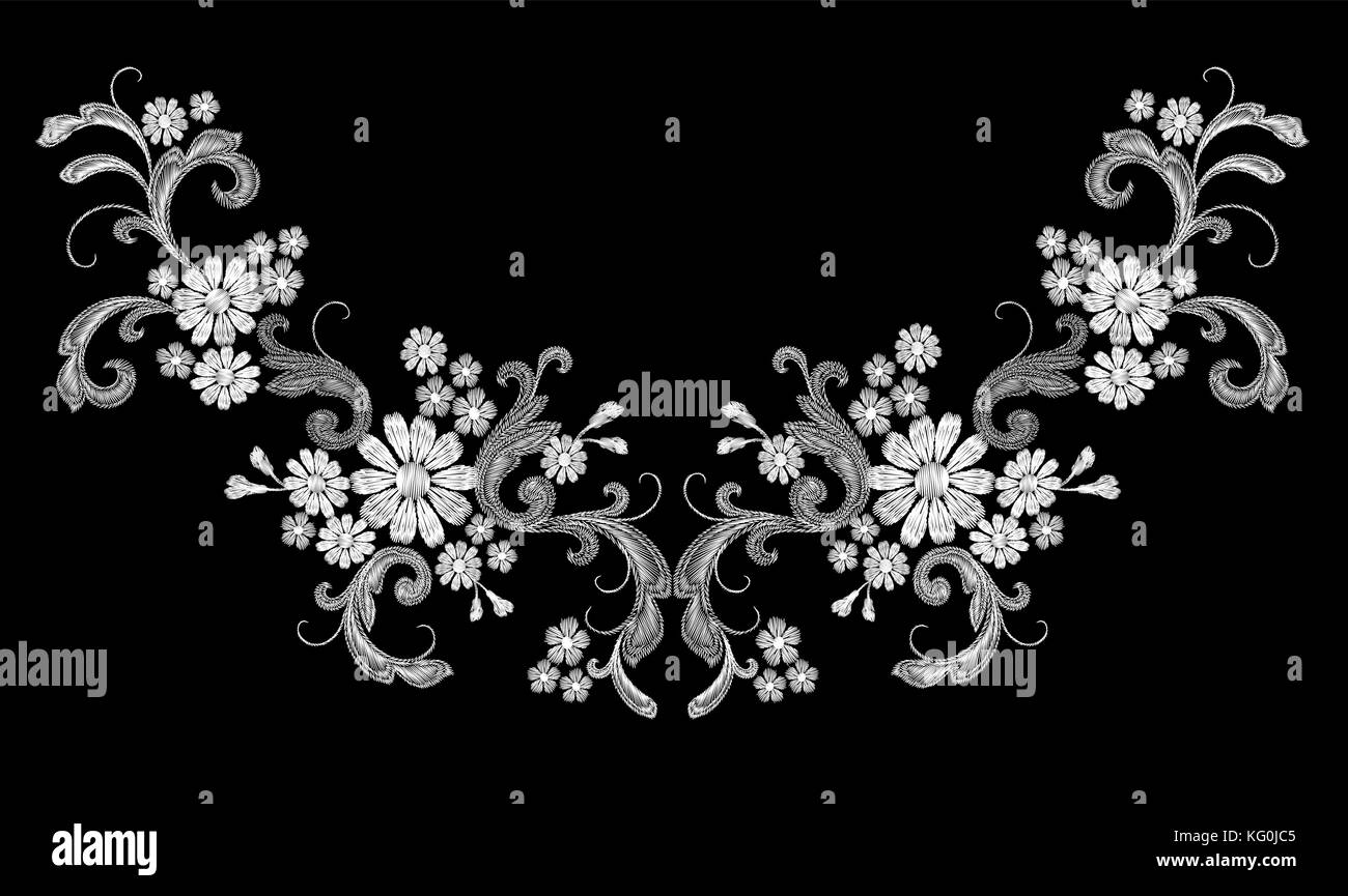 Realistic white vector embroidery fashion symmetric patch. Flower rose daisy leaves vintage victorian design. Stitch texture floral arrangement clothes decoration illustration Stock Vector
