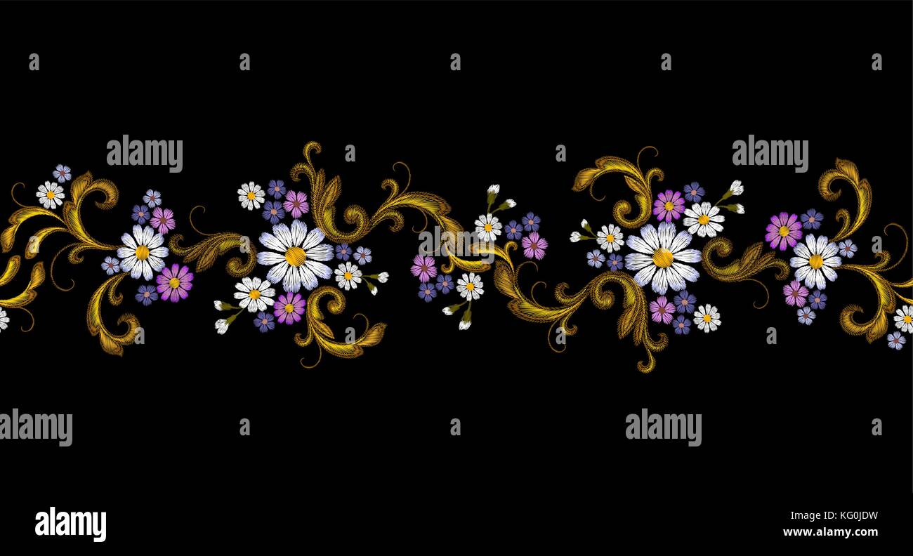 Realistic vector embroidery fashion seamless border. Flower daisy golden leaves vintage victorian design. Stitch texture floral arrangement clothes decoration illustration Stock Vector