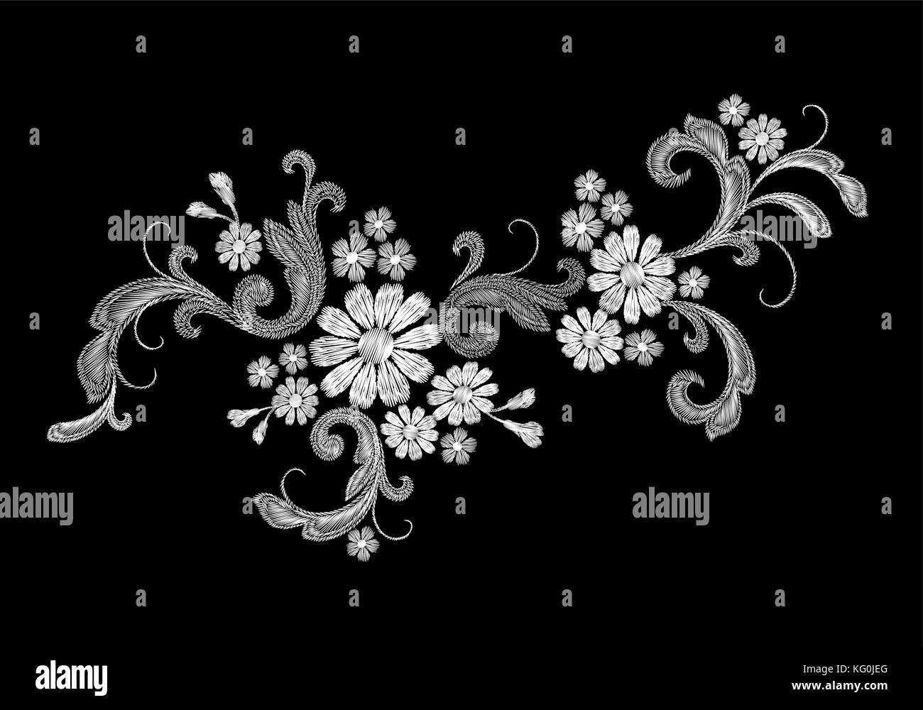 Realistic white vector embroidery fashion patch. Flower rose daisy leaves vintage victorian design. Stitch texture floral arrangement clothes decoration illustration Stock Vector