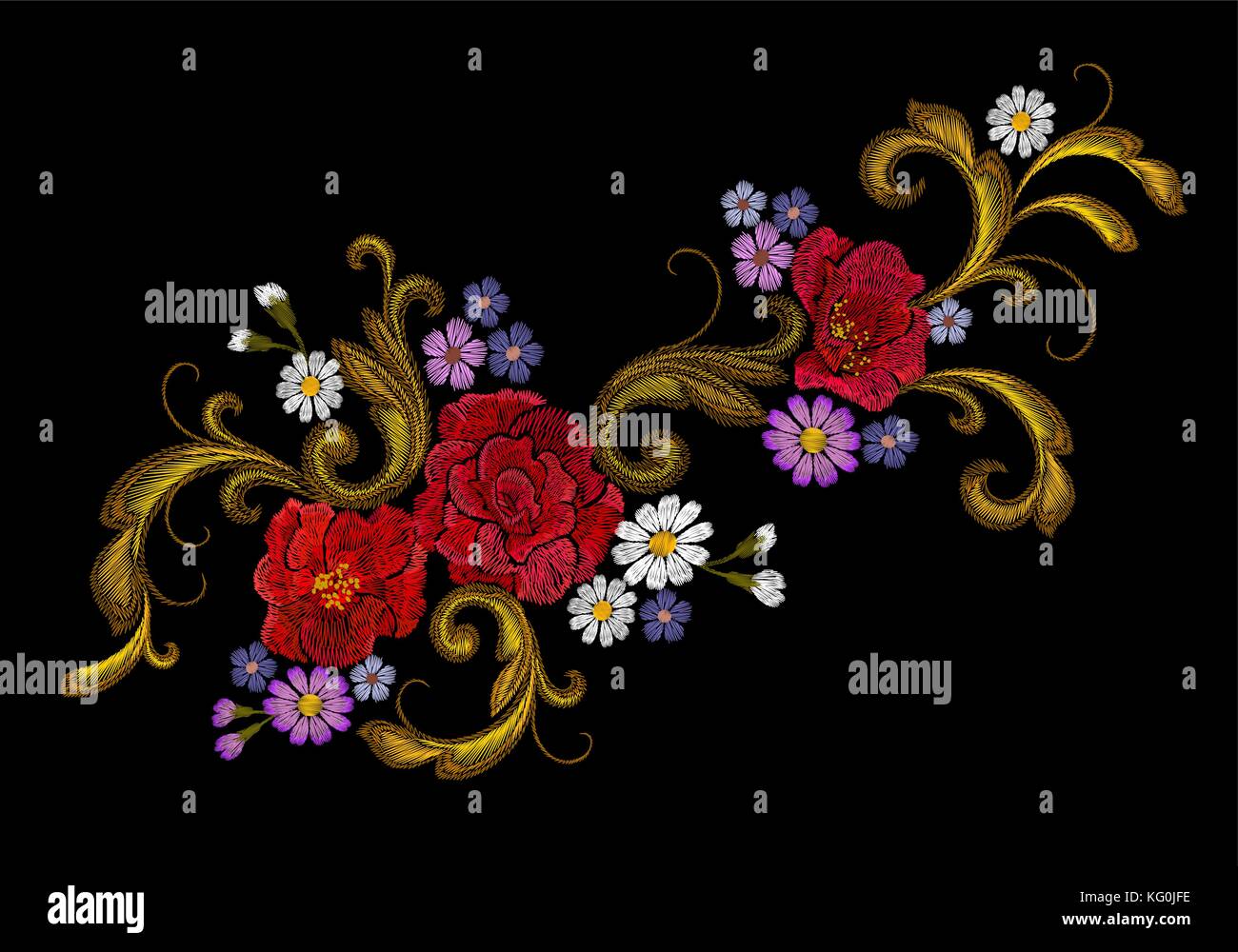 Realistic vector embroidery fashion patch. Flower rose daisy golden leaves vintage victorian baroque design. Stitch texture floral arrangement clothes decoration illustration Stock Vector