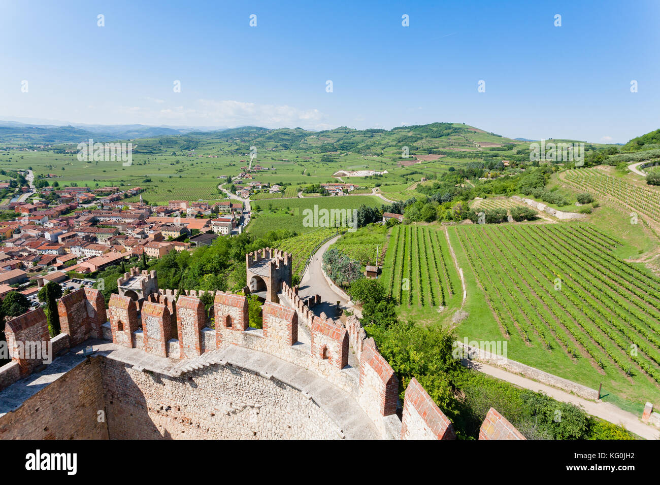 Aerial view of Soave, medieval walled city in Italy. Famous wine area. Italian countryside Stock Photo