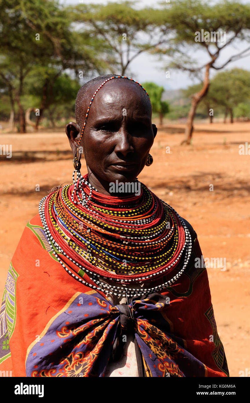 SOUTH HORR, KENYA - JULY 07: African woman from the Samburu tribe in the traditional dress in transit to the market in Kenya, South Horr in July 07, 2 Stock Photo