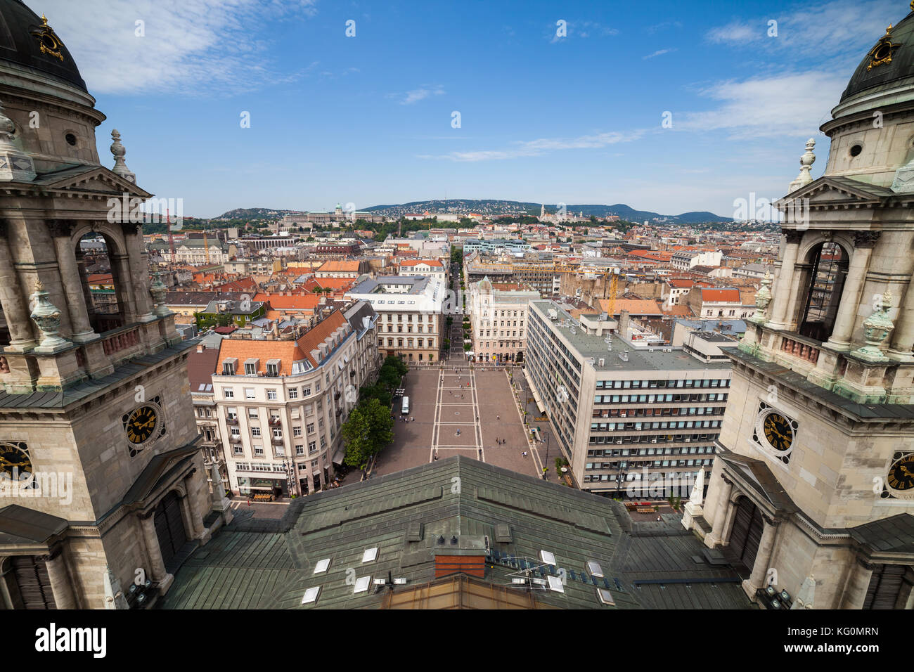 Hungary, Budapest, city centre with Szent Istvan Square framed by St. Stephen's Basilica bell towers Stock Photo