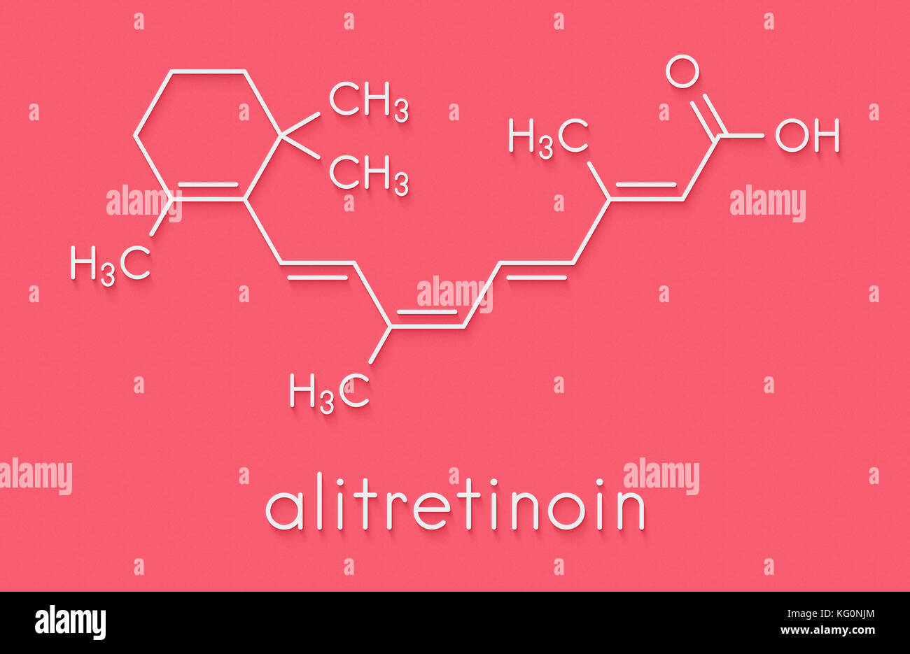 Alitretinoin (9-cis-retinoic acid) cancer and eczema drug molecule. Analog of vitamin A. Skeletal formula. Stock Photo