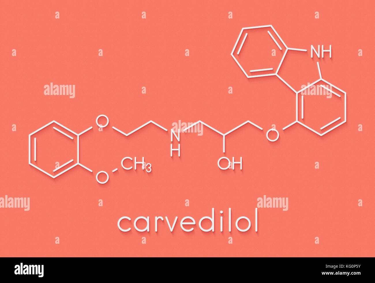 Carvedilol congestive heart failure drug molecule. Skeletal formula. Stock Photo