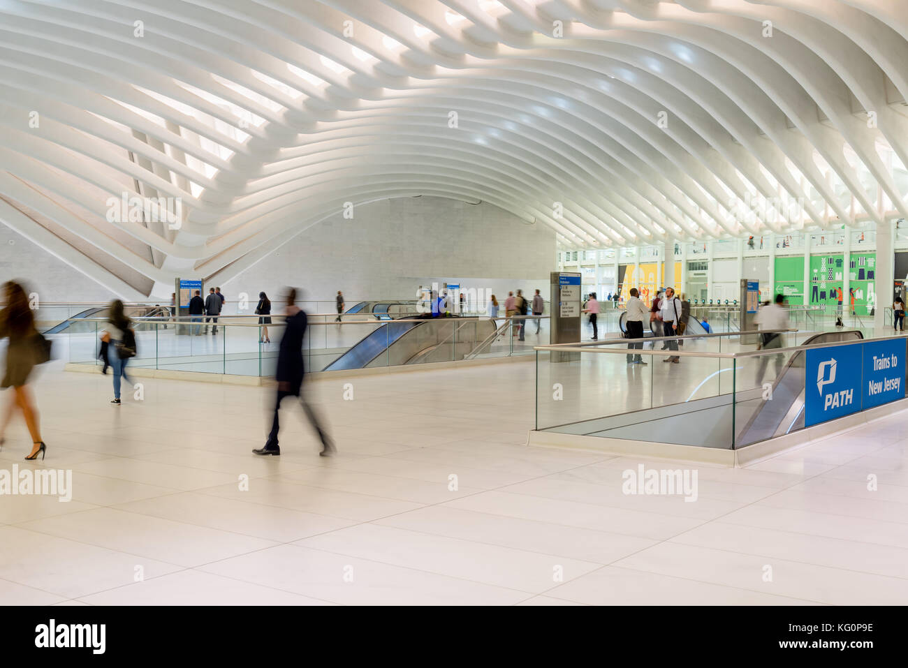 The PATH (NY & NJ) at the Oculus, Westfield World Trade Center. Tranportation hub designed by Santiago Calatrava. Financial District, New York City Stock Photo
