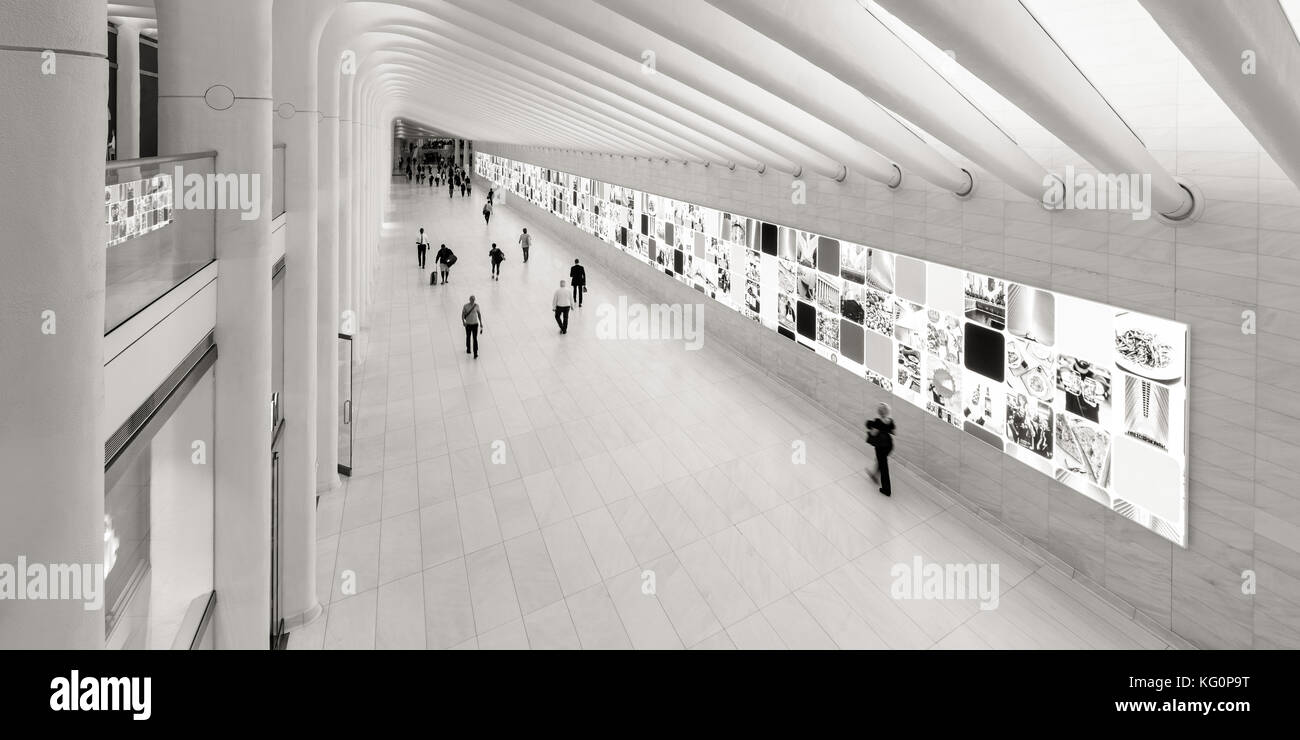 Interior view of the Oculus, Westfield World Trade Center (Black & White panoramic). Tranportation hub designed by Santiago Calatrava. New York City Stock Photo