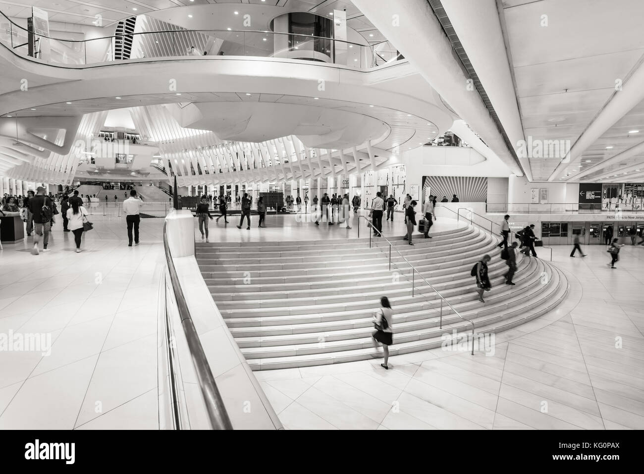 Interior view of the Oculus, Westfield World Trade Center in Black & White. Tranportation hub designed by Santiago Calatrava. New York City Stock Photo