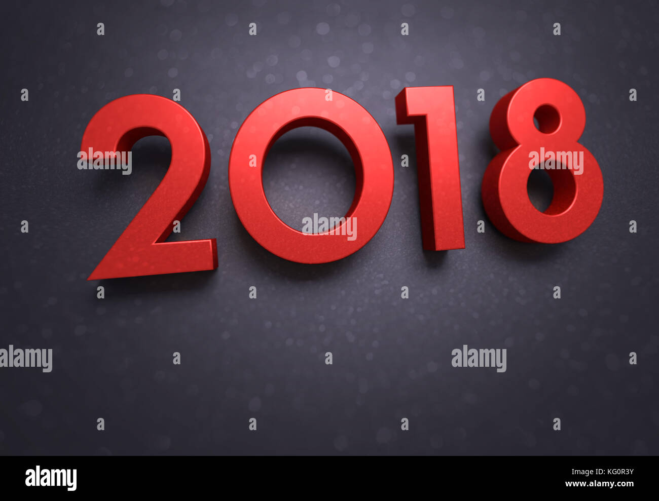 Year 2018 typescript date, red colored, on a soft glittering black greeting card Stock Photo