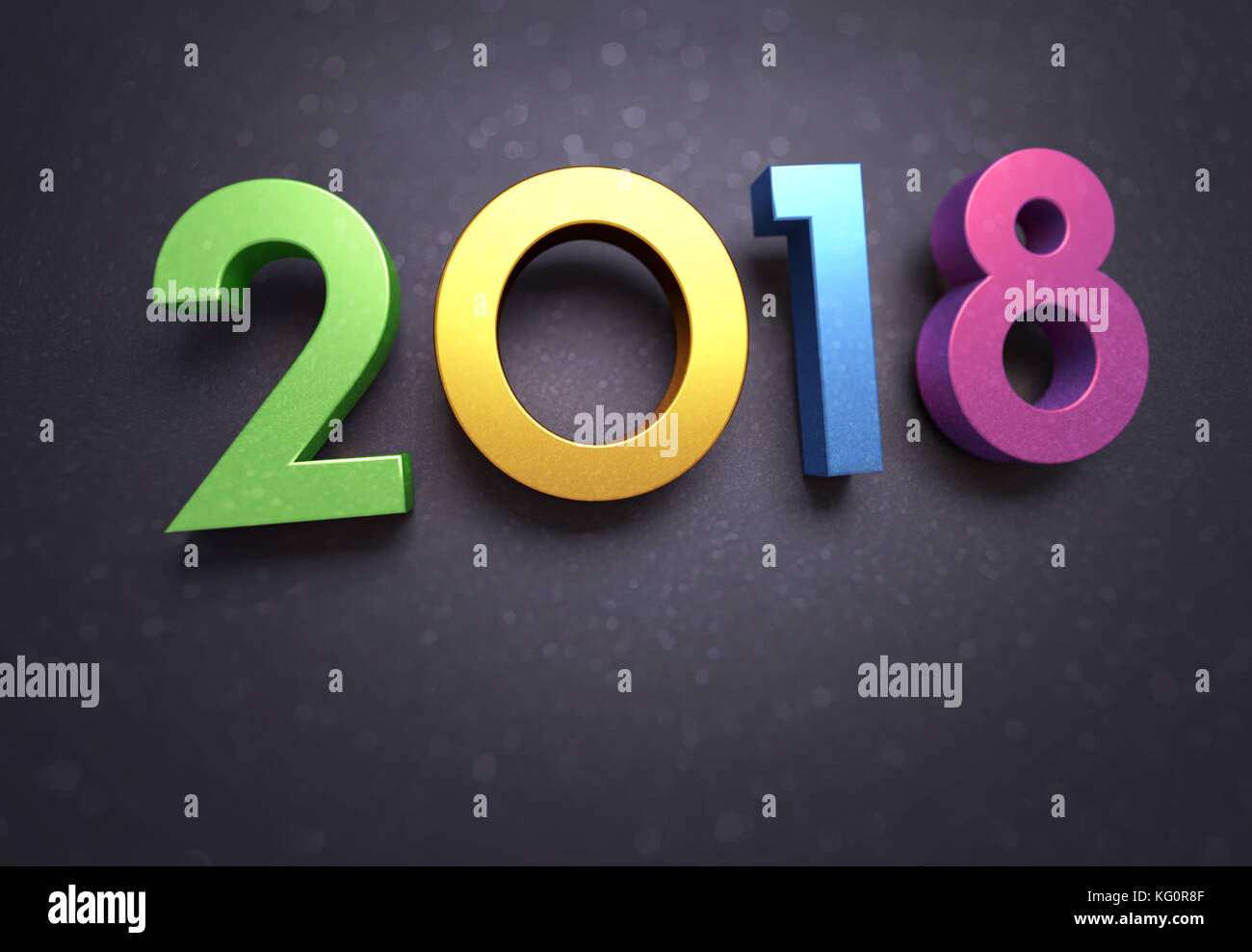 Year 2018 typescript date, multicolored, on a soft glittering black greeting card Stock Photo