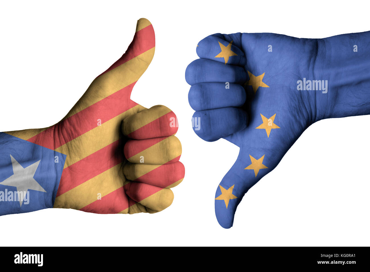 Catalonia and Europe flag on human male thumb up and down hands Stock Photo