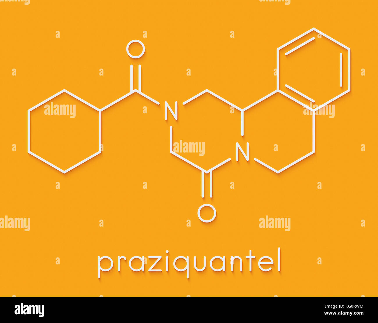 Praziquantel anthelmintic drug molecule. Used to treat tapeworm infections. Skeletal formula. Stock Photo