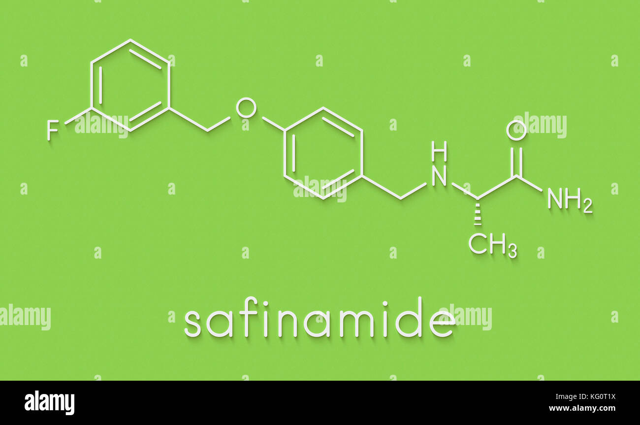 Safinamide Parkinson's disease drug molecule. Skeletal formula Stock
