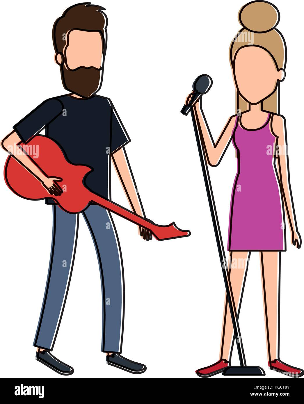 couple singing with microphone and playing guitar Stock Vector Image ...