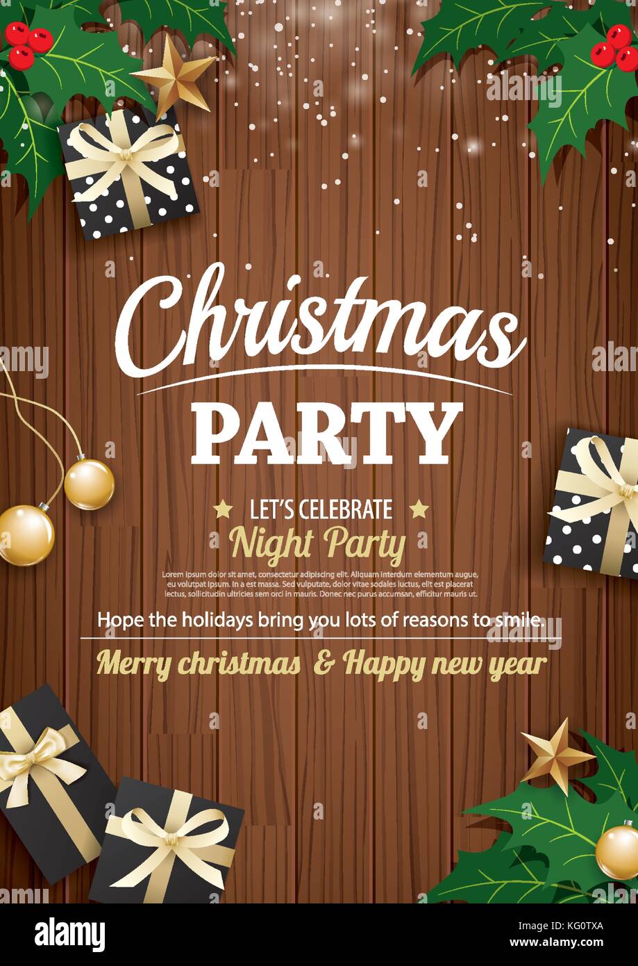 Merry christmas party and gift box on wooden background invitation ...