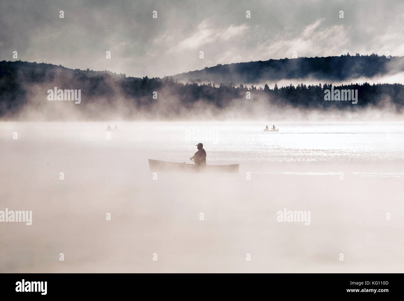 Canada Ontario Lake of two rivers Canoe Canoes on the foggy water