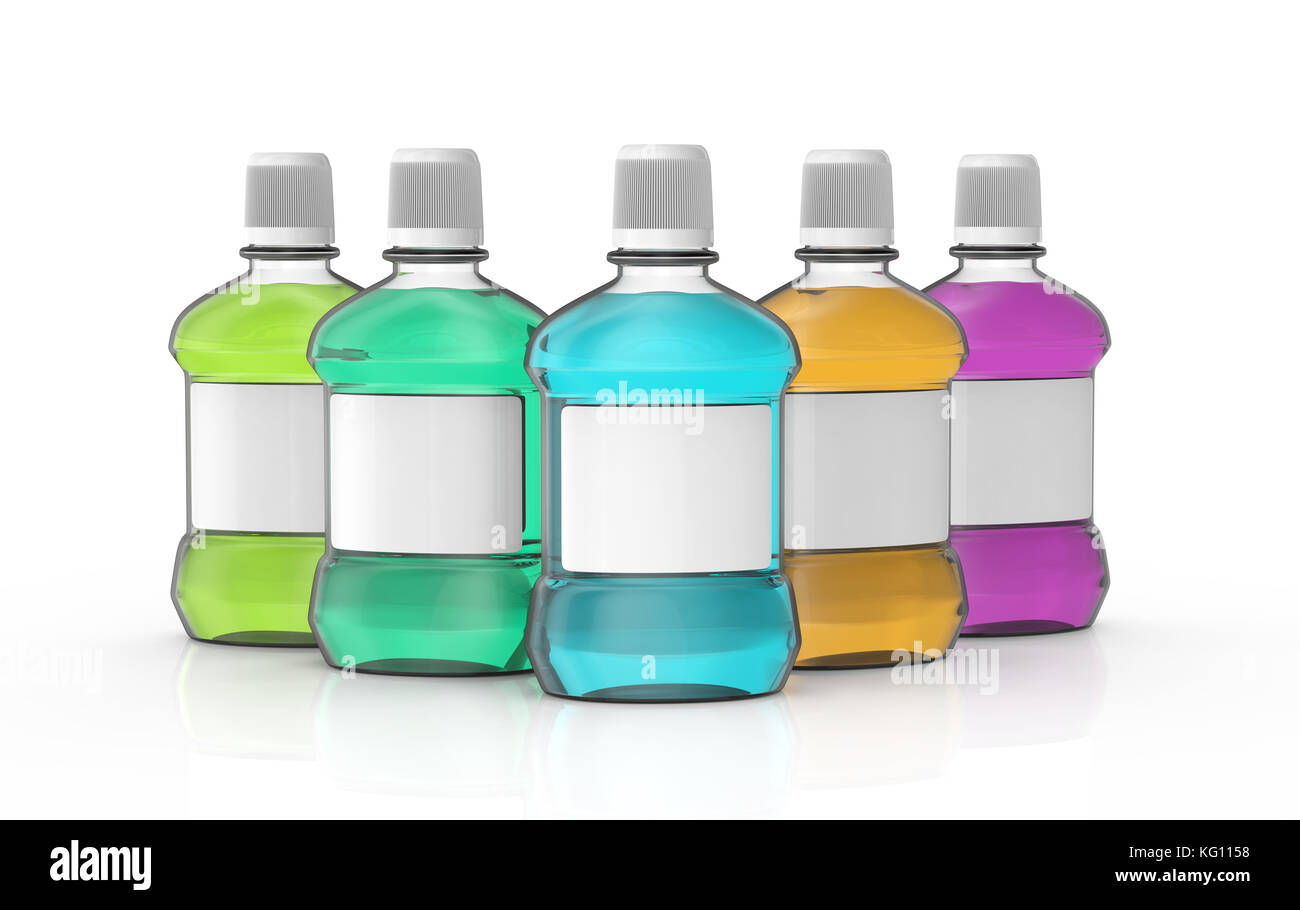 Mouthwash set template, blank hygiene product mockup with white label